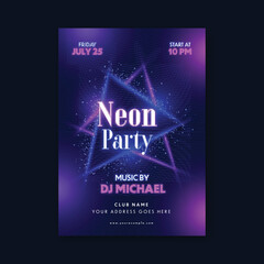Neon Party Flyer Or Template Design With Shiny Triangle Frames And Event Details On Blue And Purple Stripe Background.