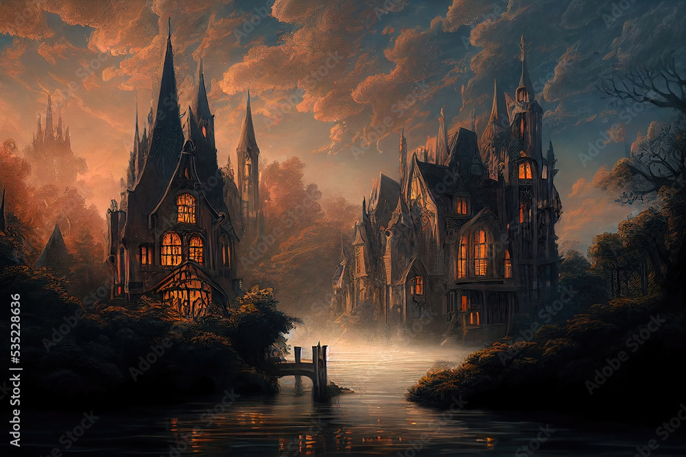 Wall mural ai generated image of a strange dark medieval village with gothic houses and a river flowing through