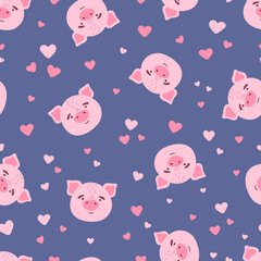 Cute kawaii pink pig face head and hearts vector seamless pattern. Farm animal flat cartoon texture for nursery, card, poster, fabric, textile.