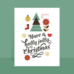 Have A Holly Jolly Christmas Text With Vector Xmas Tree, Bauble, Flowers, Snowflakes, Cup, Candy Cane And Wool Sock On White Background.