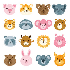 Fototapeta premium Collection of cute funny animal faces, heads. Set of various cartoon isolated muzzles. Vector illustration for print on children's clothing, greeting cards, nursery, stickers, stationery, room decor