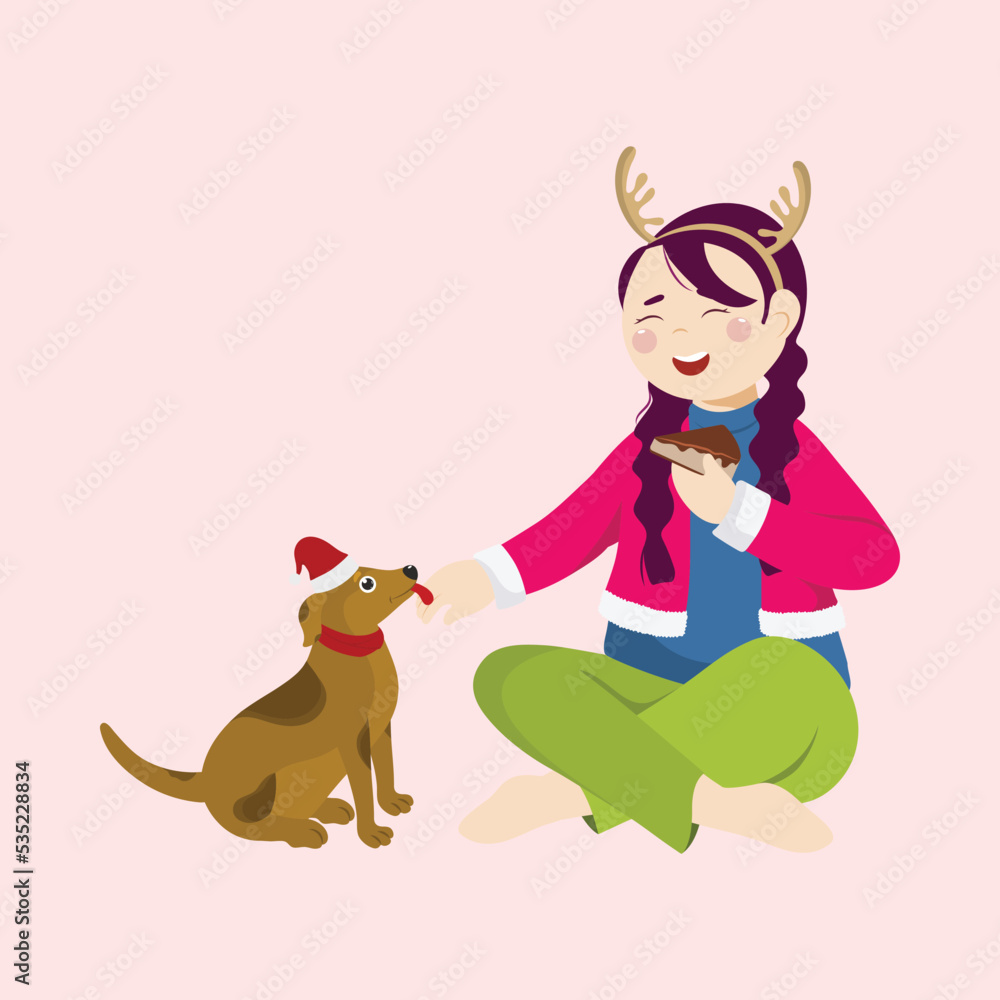 Poster Cheerful Young Girl Eating Cake Slice Or Pastry And Dog Animal On Pink Background.