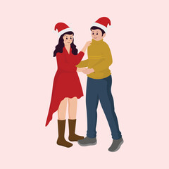 Young Couple Performing Dance With Wear Santa Cap On Pink Background.
