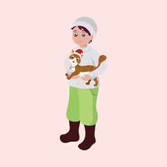 Character Of Young Boy Holding Cat In Woolen Clothes On Pink Background.