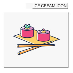 Ice cream color icon. Delicious dessert. Tasty frozen ice in traditional Japanese form. Chopsticks for eating.Summer sweets. Isolated vector illustration
