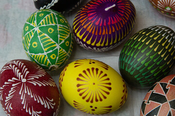 Happy Easter.Colorful hand painted decorated Easter eggs. Handmade Easter craft.Spring decoration background. DIY Festive traditional symbols.Holiday Still life photo