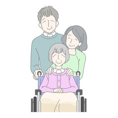 車椅子に座る笑顔のおばあさんと家族　息子　母　嫁　介護　笑顔