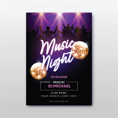 Music Night Party Flyer Design With Disco Balls And Event Details.