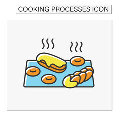 Bakery color icon.Hot tasty buns. Delicious desserts. Cooking bread, donuts, eclair, cakes. Baking on plate.Cooking process concept. Isolated vector illustration