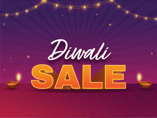 Diwali Sale Poster Design With Illuminated Oil Lamps (Diya), Lighting Garland Decorated On Purple And Pink Rays Background.