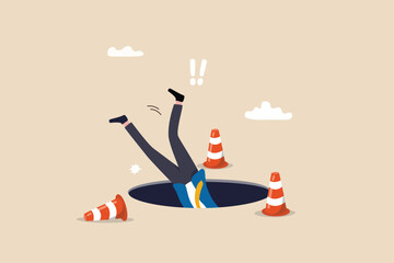 Failure or mistake causing catastrophe despair, problem or risk from crisis or recession, danger or business accident, trouble, loss or pitfall concept, terrified businessman fall down into the hole. - obrazy, fototapety, plakaty