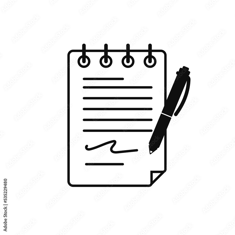 Poster writing notes icon. black note on sheet of diary with pen as an element of agreement and editing vec
