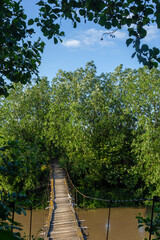 Suspended wooden bridge to the other side of the river. Suspension bridge in a small village