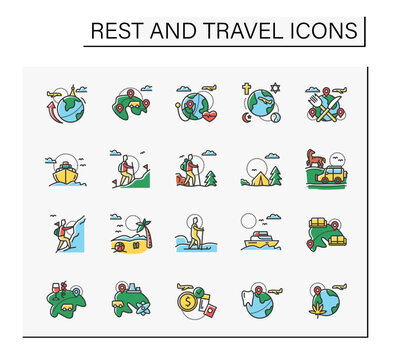 Types of rest and tourism color icons set. Different ways, places, and purposes for travel. Adventures, recreation and pleasure. Traveling ideas. Tourism types concept. Isolated vector illustrations