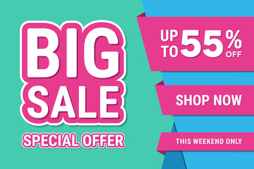Big sale banner design for discount promotion, Up to 55% percentage off Sale. Discount offer price sign. Special offer symbol. Vector illustration of a discount tag badge
