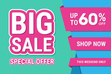 Big sale banner design for discount promotion, Up to 60% percentage off Sale. Discount offer price sign. Special offer symbol. Vector illustration of a discount tag badge