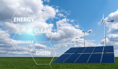 Solar panels and wind turbines with infographics. Clean renewable energy concept	