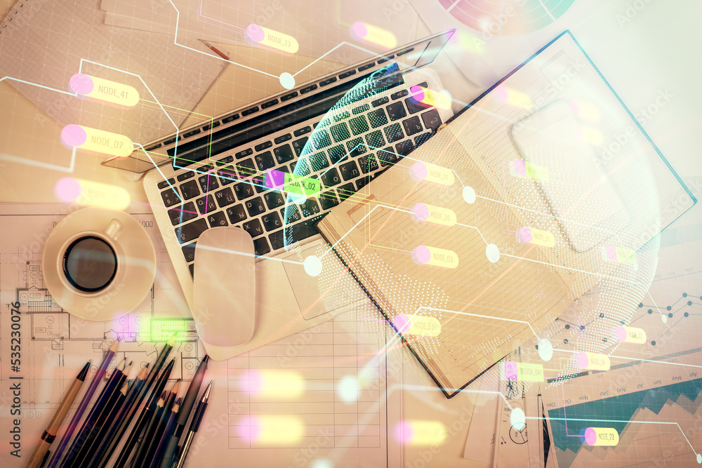 Poster Double exposure of map hologram drawing over study table background with computer. Concept of international network. Top view.
