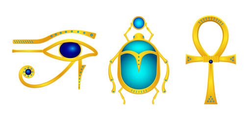 Egyptian antique gold symbols talismans. Ancient eye of horus with blue gems and mythical scarab with disc mystical cross vector ankh