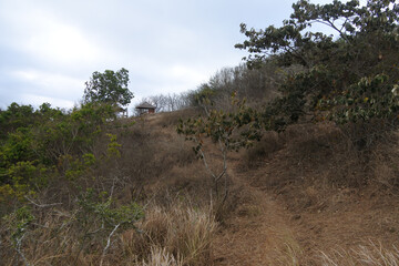 Beautiful Teluk Bay with blue ocean, clouds, and mountains in Jember, East Java, Indonesia.