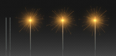 Bengal light, realistic Christmas sparkler, shiny firecracker wands set. New year vector illustration isolated on a dark background.