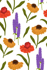 Floral seamless pattern of Helenium autumnale flowers with Agastache flowers in cartoon style.