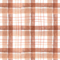 Watercolor brown orange checkered pattern seamless on white backgroud.