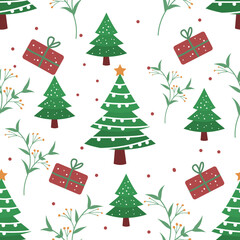 Christmas tree or Happy New Year noel. gift, leaves seamless pattern vector background. Christmas seamless pattern background