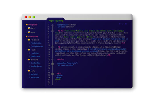 Web site with coding template. Creation of website with programming and coding commands and use of vector software interface