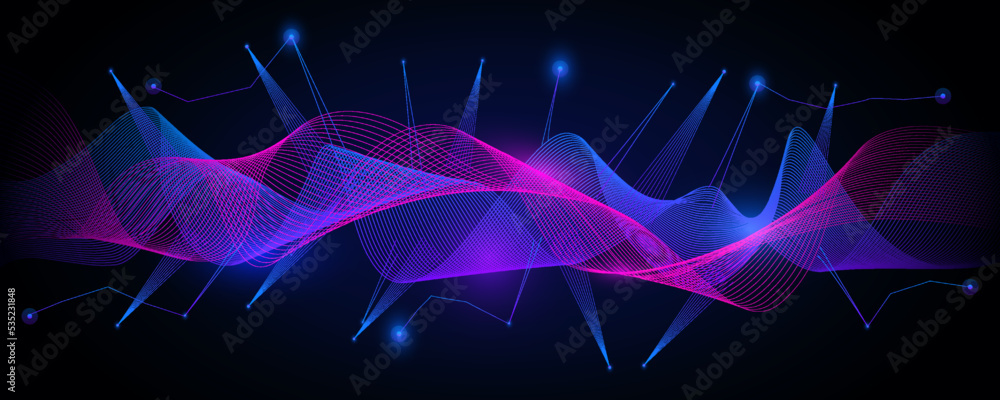 Poster purple techno mesh waves in dark background. futuristic digital stream with neon beams and dynamic v