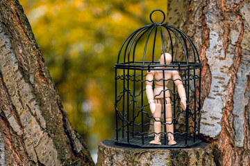 Dummy inside a birdcage placed on a tree
