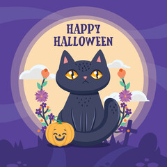 Happy Halloween greeting with a black cat and fancy flowers