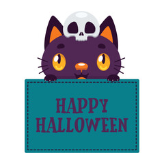 Happy Halloween sign with a cute black cat with skull on head