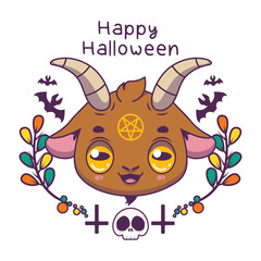 Greeting with cute evil goat and Halloween decorations