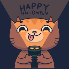 Cute evil cat smiling and shining a flashlight to its face