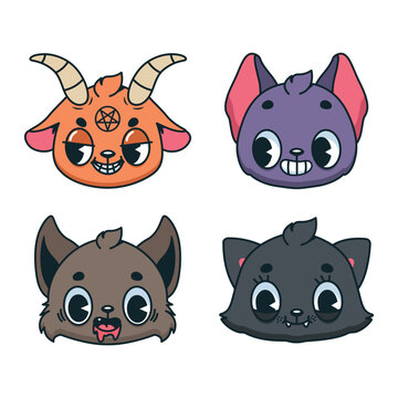 Collection of four Halloween animals in traditional cartoon style