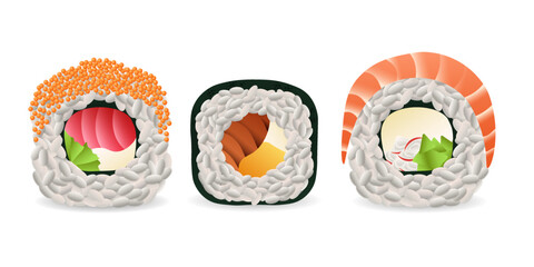 Colored realistic sushi set. Sashimi seafood and rice rolls with traditional recipe and delicious natural vector ingredients