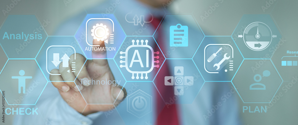 Poster automation software technology process system business concept. young entrepreneur working on a virt