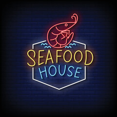 Neon Sign seafood house with Brick Wall Background vector