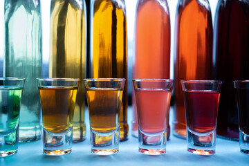 collection set of colored alcohol tincture or liquor with shot glass and bottles