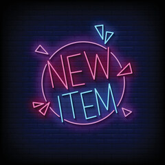 Neon Sign new item with Brick Wall Background vector