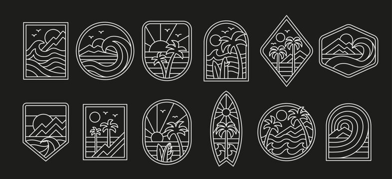 Vector surf theme line art badge designs. For t-shirt prints, posters, stickers and other uses.