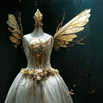 Rococo Style Wedding Dress With Fairy Wings - Digital Art, Concept Art, 3D Render