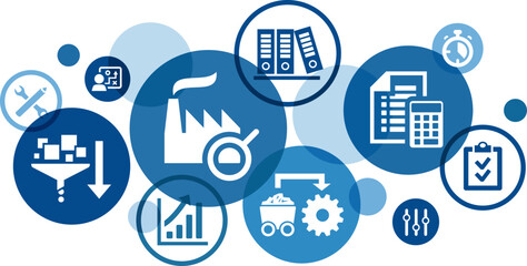 Operations management vector illustration. Blue concept related to factory operation & organization, planning, resources & strategy, material flow, input & output, monitoring performance & control.