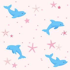 Trendy pattern with dolphin and starfish. Vector illustration for prints, clothing, packaging and postcards. 