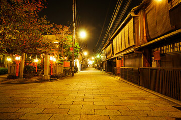 祇園 ライトアップされた夜の新橋通り