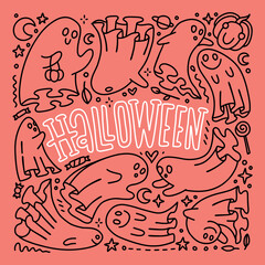 Set Of Halloween Ghost and steet spooks characters in doodle style. Composition of spirit Doodles with lettering word. Hand drawn linear vector illustration.