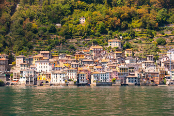 Beautiful panorama of lake Como with a small coastal town, famous tourism destination