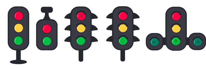 Set of traffic light vector icons. Signal for the movement of cars on the road. City driving regulation. Red, yellow and green light. Vector illustration.	