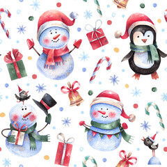 Christmas, seamless pattern. with cute characters, gifts, sweets and snowflakes in cartoon style. Snowmen, penguin, gifts, snowflakes, sweets cartoon, Christmas background.